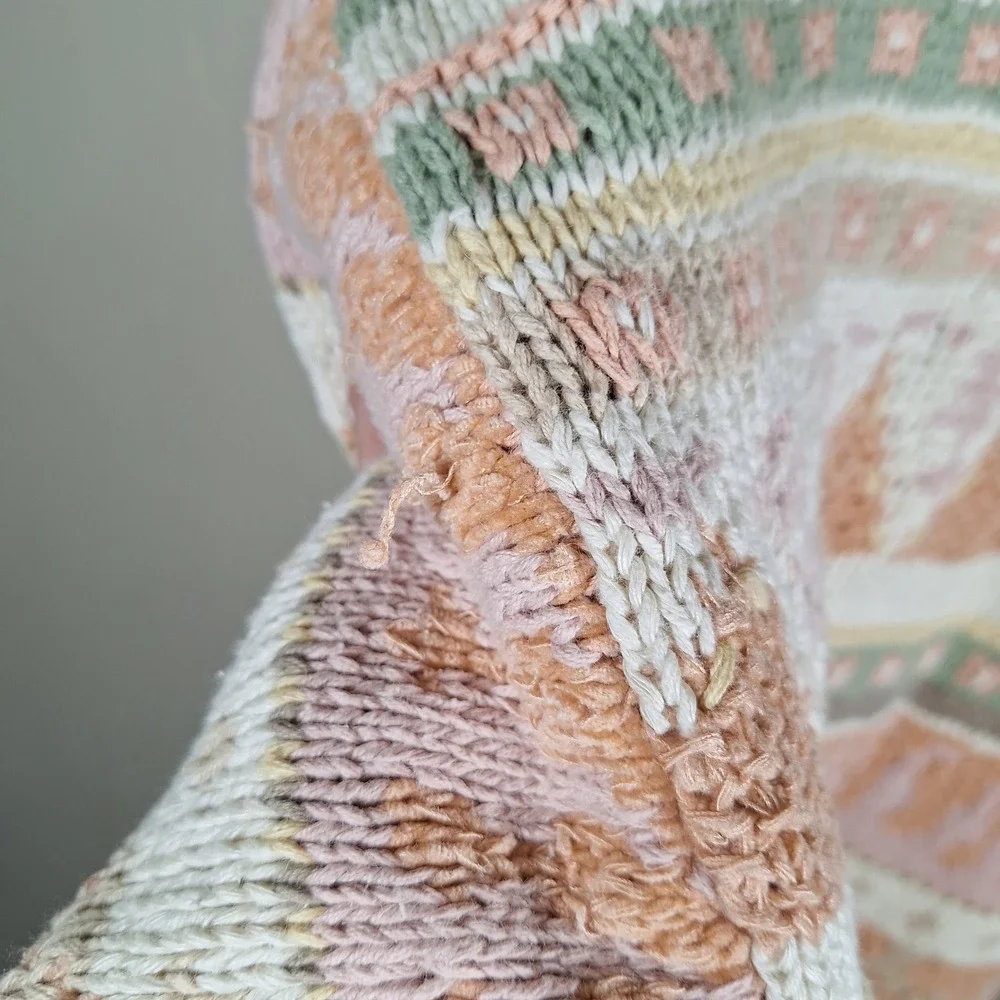 Express‎ Tricot Vtg Hand Knit Chunky Pastel Cottage Grandma Scallop Sweater S